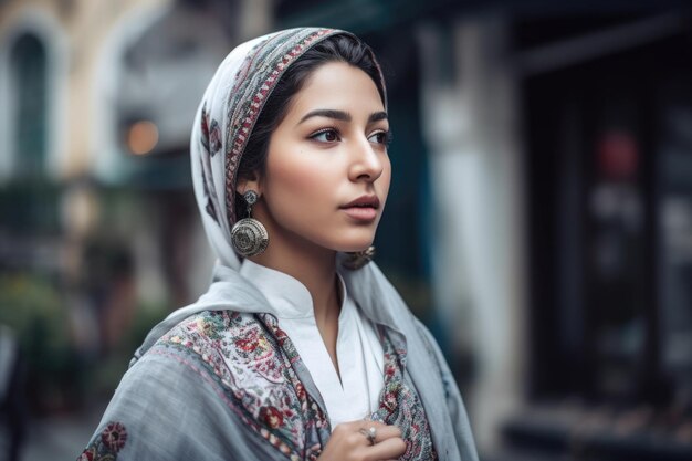 Photo d'une belle jeune femme musulmane portant des vêtements traditionnels marchant à l'extérieur