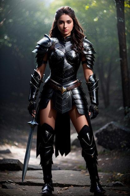 photo d'une belle jeune guerrière portant une belle armure noire image ultra réaliste
