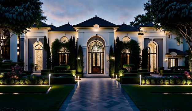 Photo d'une belle maison blanche entourée d'un écrin de verdure à l'entrée