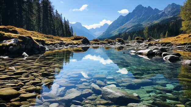 Photo belle photo d'un lac près des montagnes et entouré d'arbres et de personnes