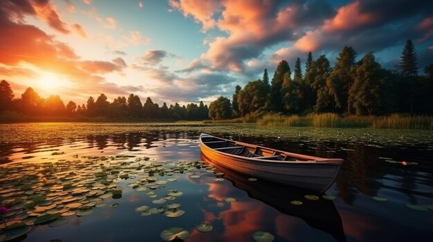 photo belle photo d'un petit lac avec une barque en bois au point et des nuages incroyables dans le ciel