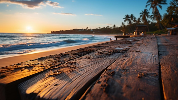 Photo photo belle table en bois avec fond de plage