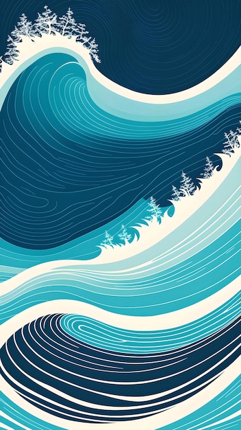 Photo photo d'une belle vague bleue et blanche avec des arbres dansant dans la brise