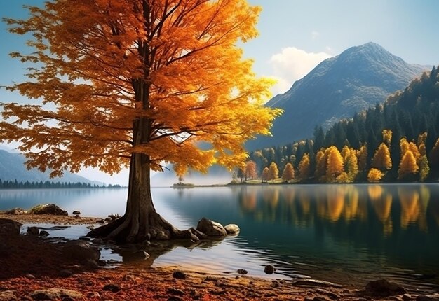 Photo d'une belle vue sur la nature d'automne dans le lac du parc d'automne et la forêt d'automne avec des cerfs