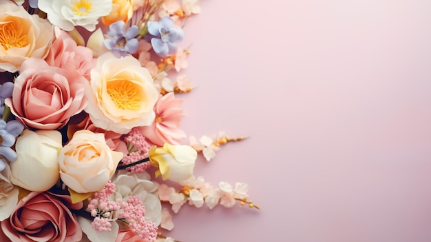 Photo de belles fleurs d'été sur fond rose générée par l'IA