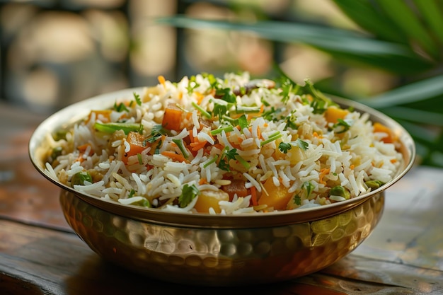 Photo d'un biryani végétalien ou d'un pulav dans un bol en laiton