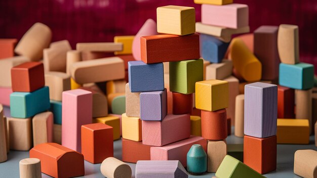 Une photo de blocs de bois colorés de différentes formes