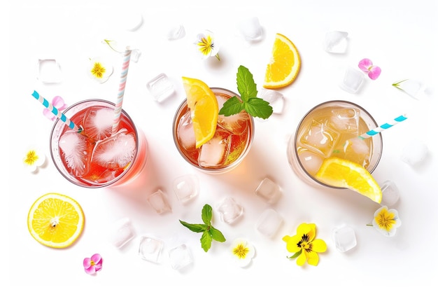 une photo de boissons avec des fleurs et des oranges sur la table