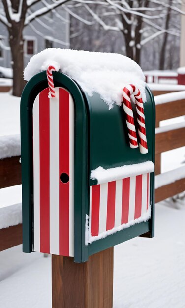 Photo photo de la boîte aux lettres couverte de neige de noël avec une bande de canne à bonbons.