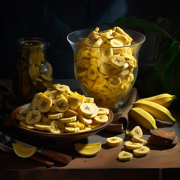 Photo d'un bol de bananes mûres et de tranches avec un fond isolé