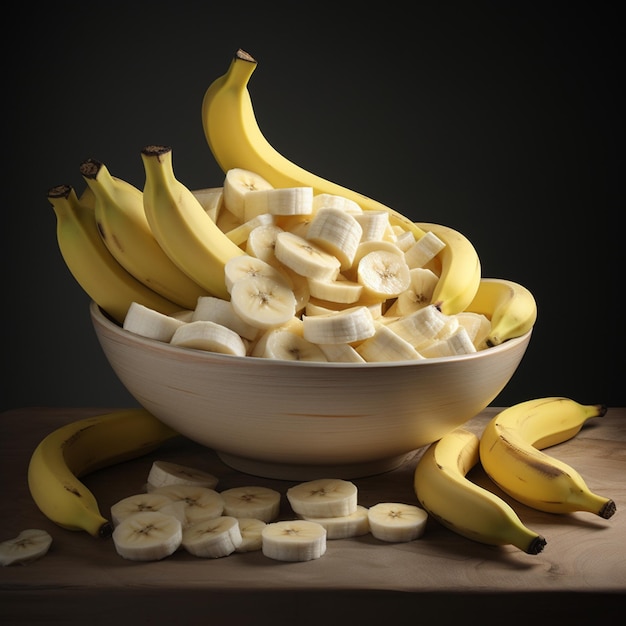 Photo d'un bol de bananes mûres et de tranches avec un fond isolé