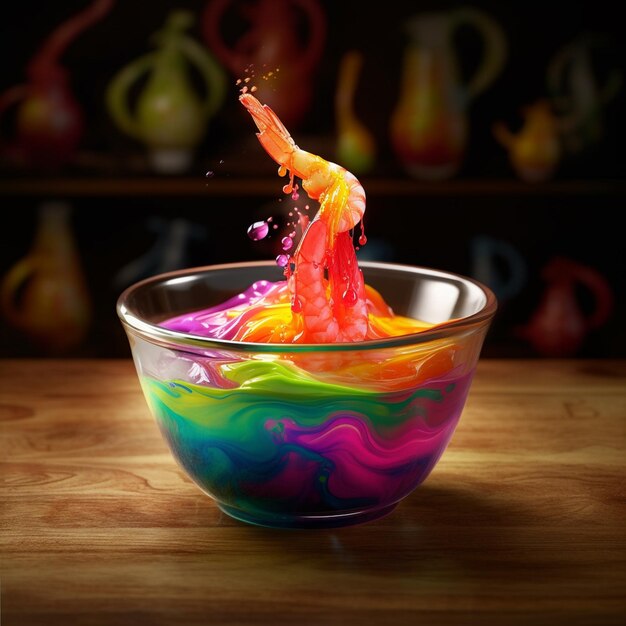 Photo d'un bol de liquide de couleur arc-en-ciel avec une crevette dessus ai généré