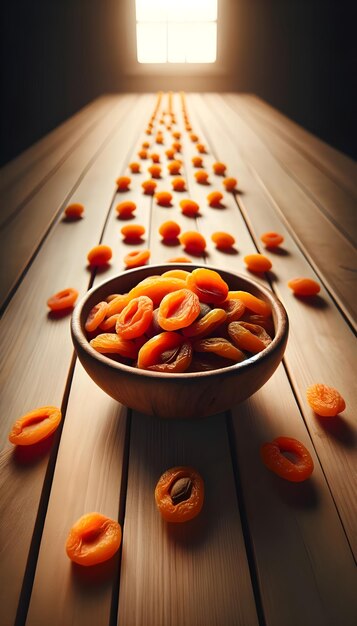 Photo d'un bol rempli d'abricots secs orange vif sur une table en bois léger