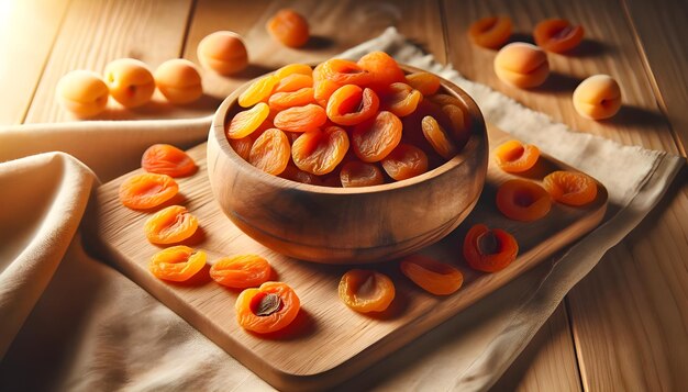 Photo photo d'un bol rempli d'abricots secs orange vif sur une table en bois léger