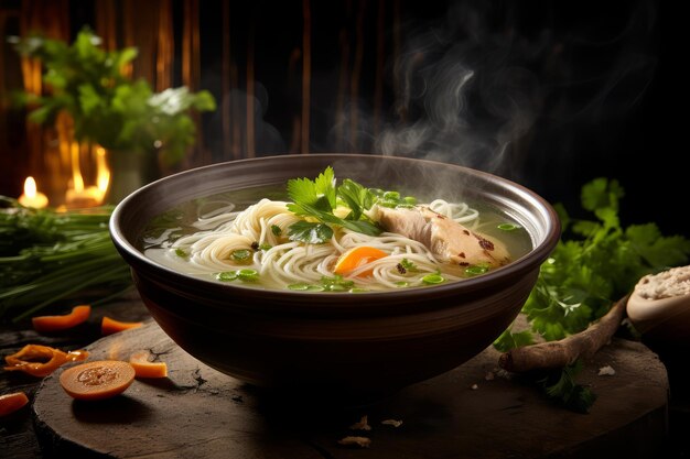 Photo d'un bol rustique et chaleureux de soupe de nouilles de poulet faite maison avec de la vapeur aromatique s'élevant