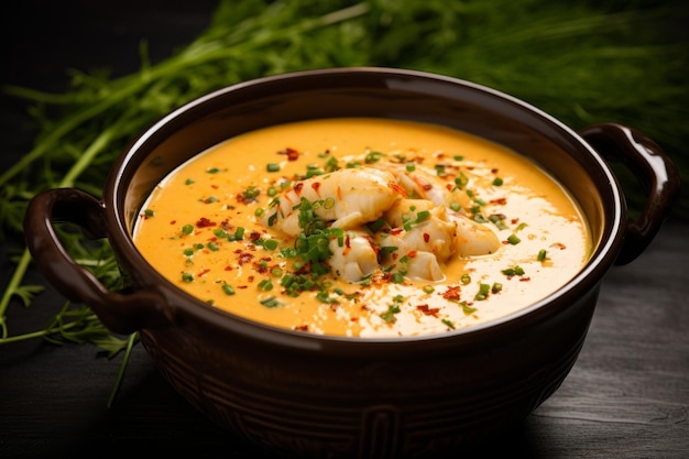 Photo d'un bol de soupe de biscuit de homard riche et crémeux