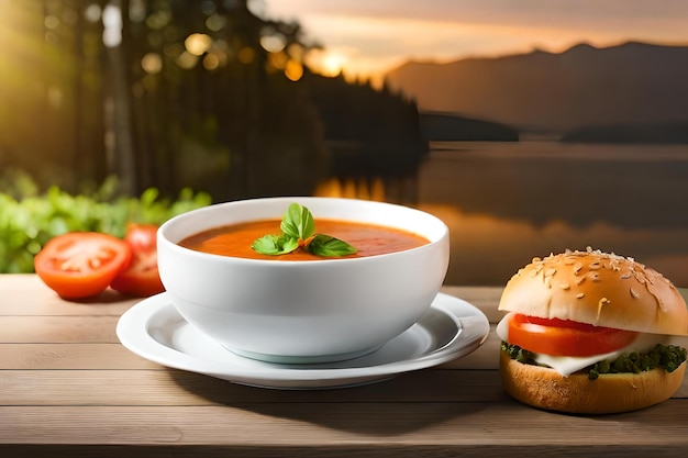 Photo d'un bol de soupe de tomate avec un rouleau sur le côté