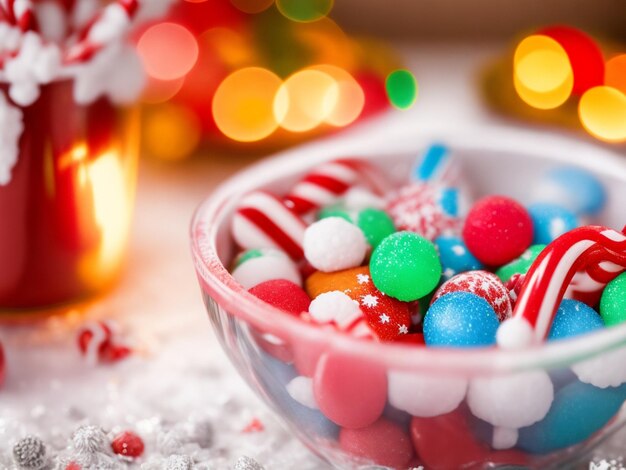 Une photo de bonbons le jour de Noël sur un fond flou confortable.