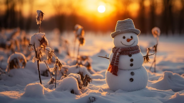 photo de bonhomme de neige sur fond de coucher de soleil orange