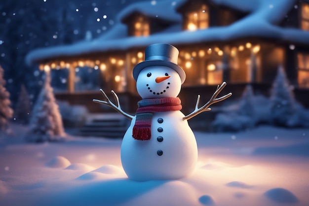 Une photo d'un bonhomme de neige en hiver avec un arrière-plan de célébrations de Noël en mode nuit