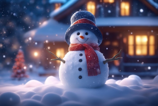 Une photo d'un bonhomme de neige en hiver avec un arrière-plan de célébrations de Noël en mode nuit