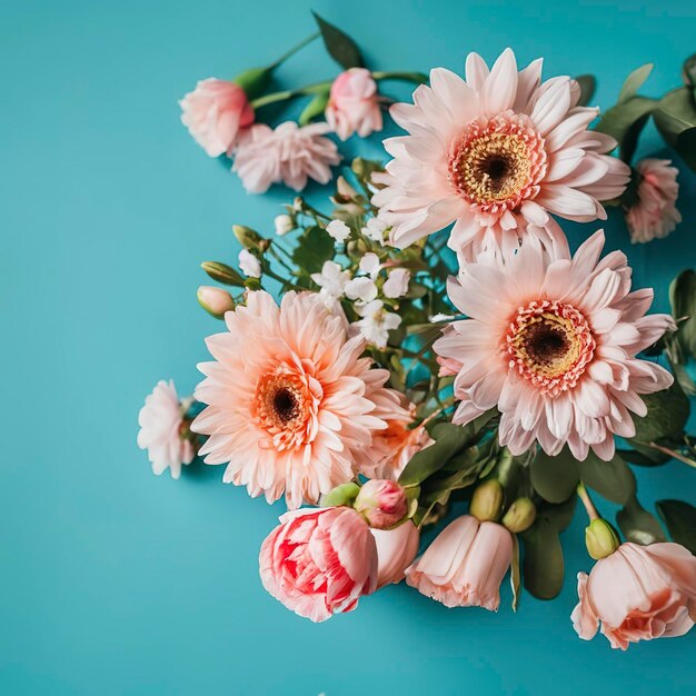 Photo de bonne fête des mères fond bleu avec boîte à chapeau et fleurs