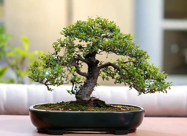 Photo photo de bonsai dans un pot minimaliste comme plante d'intérieur pour la décoration de la maison isolée sur un fond flou