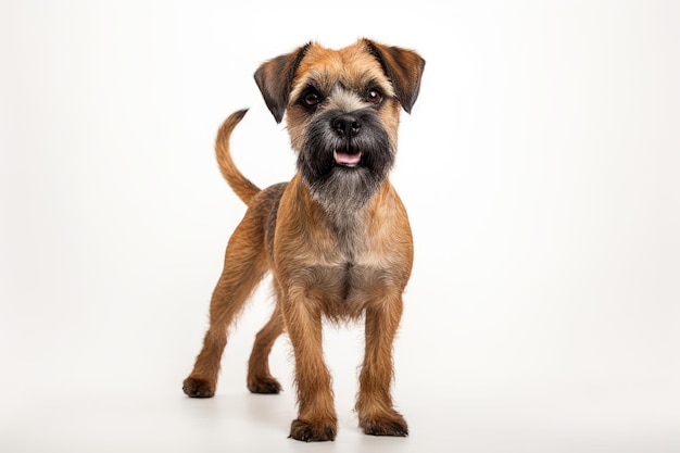 Photo d'un Border Terrier agile dans une position ludique sur un comptoir blanc propre IA générative