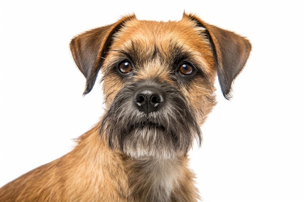 Photo d'un Border Terrier intelligent dans une pose attentive sur un comptoir blanc propre