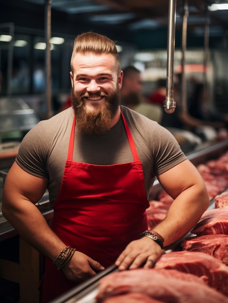 Photo photo d'un boucher travaillant dans un magasin de viande photo de haute qualité