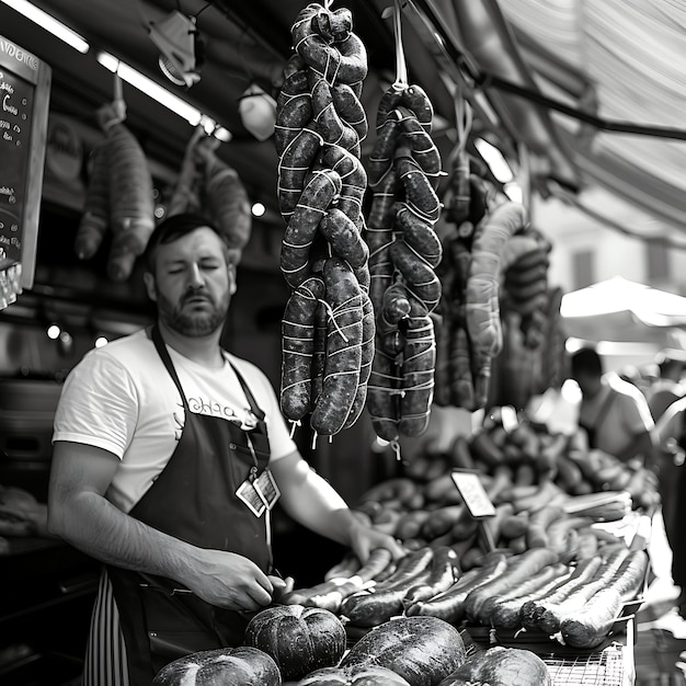 Photo de bouchers vendant des viandes cuites dans un marché traditionnel de la communauté de Flor Market Job Care