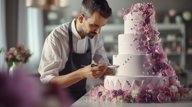 Photo une photo d'un boulanger décorant un gâteau de mariage