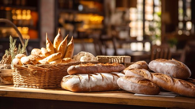 Une photo d'une boulangerie artisanale avec du pain et des baguettes