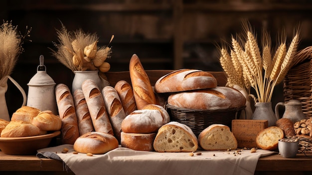 Une photo d'une boulangerie artisanale avec du pain et des baguettes