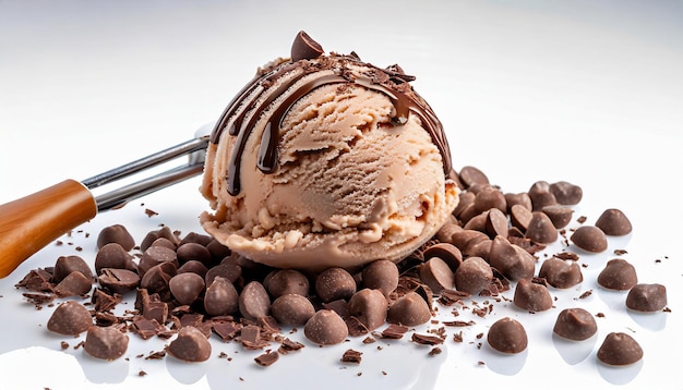 Photo de boule de crème glacée au chocolat sur fond blanc