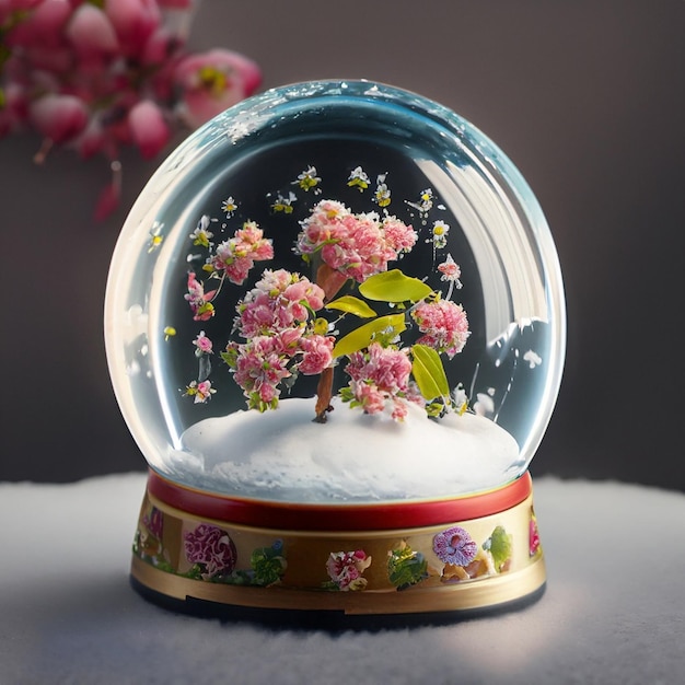 Photo photo de boule de neige avec une pomme et des fleurs dedans