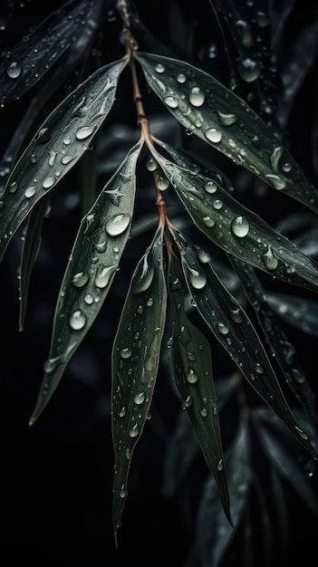 une photo d'un bouquet de feuilles de bambou entourées de gouttes d'eau de pluie