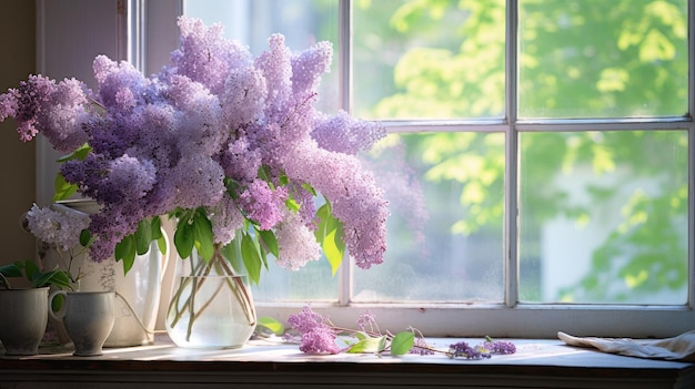 Une photo d'un bouquet de lilas à la lumière douce de la fenêtre