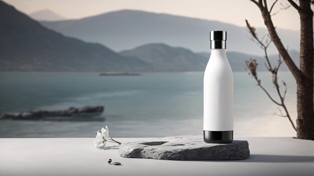 photo d'une bouteille de boisson de luxe élégante, arrière-plan nature minimaliste, étiquette vierge adaptée à la maquette