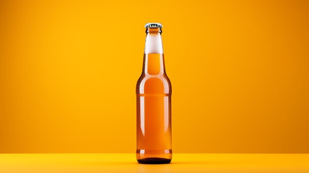 photo de bouteille froide de bière avec des gouttes isolées sur fond jaune