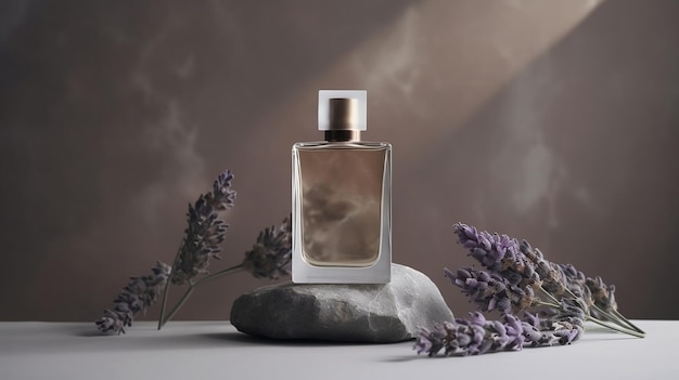 Photo d'une bouteille de parfum en verre sur fond de pierre grise avec des fleurs de lavande