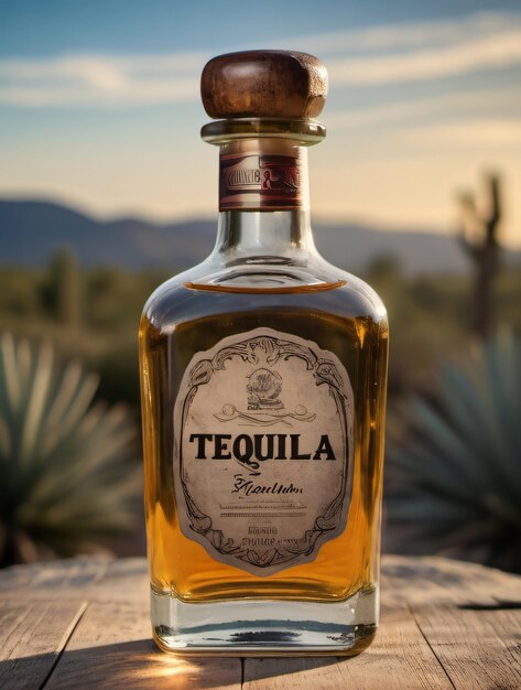 Photo d'une bouteille de tequila sans étiquette avec un fond rustique pittoresque