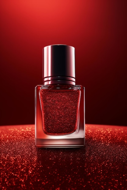 Photo d'une bouteille de vernis à ongles rouge sur un fond brillant rouge