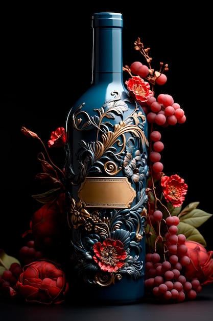 Photo d'une bouteille de vin rouge personnalisée ornée d'une étiquette complexe