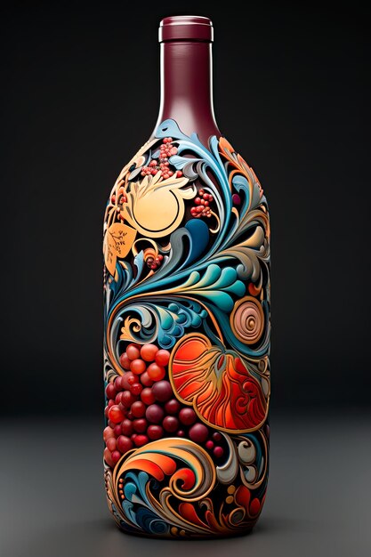 Photo d'une bouteille de vin rouge personnalisée ornée d'une étiquette complexe