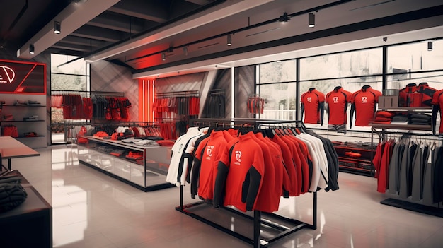 Une photo d'une boutique avec une section dédiée aux vêtements de sport