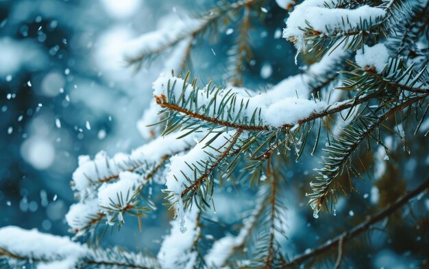 Une photo d'une branche de pin couverte de neige.