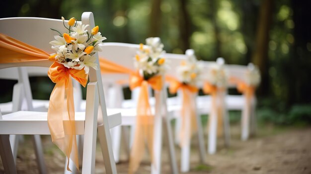 Photo une photo brillante de chaises en bois blanches décorées de fleurs et de rubans de satin brillants décoration de mariage à la cérémonie ia générative