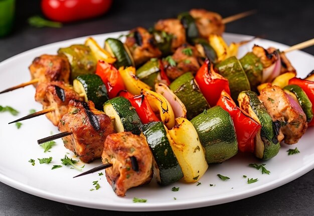 Photo photo de brochettes de poulet avec de la sauce tomate et des piments sucrés