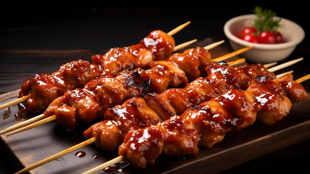 Une photo de brochettes de yakitori avec sauce